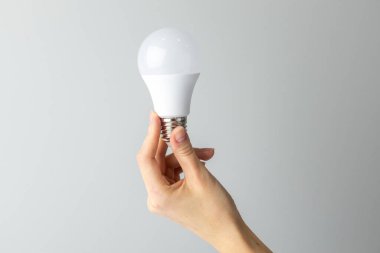 Yan taraftaki beyaz arka planda, bir kadının ince eli geniş tabanlı, ekonomik enerji tüketimi, nötr renk, aydınlatma elementi olan beyaz bir ampulü tutar.