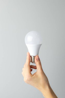 Yan taraftaki beyaz arka planda, bir kadının ince eli geniş tabanlı, ekonomik enerji tüketimi, nötr renk, aydınlatma elementi olan beyaz bir ampulü tutar.