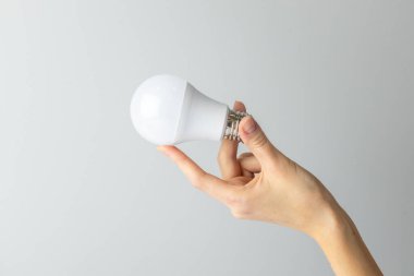 Yan taraftaki beyaz arka planda, bir kadının ince eli geniş tabanlı, ekonomik enerji tüketimi, nötr renk, aydınlatma elementi olan beyaz bir ampulü tutar.