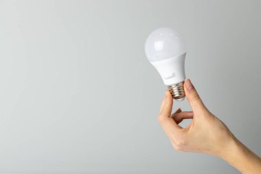 Yan taraftaki beyaz arka planda, bir kadının ince eli geniş tabanlı, ekonomik enerji tüketimi, nötr renk, aydınlatma elementi olan beyaz bir ampulü tutar.