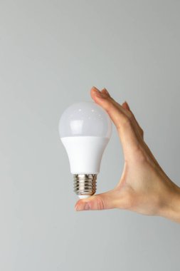 Yan taraftaki beyaz arka planda, bir kadının ince eli geniş tabanlı, ekonomik enerji tüketimi, nötr renk, aydınlatma elementi olan beyaz bir ampulü tutar.
