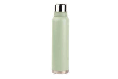 Beyaz arka planda büyük bir termos yumuşak zeytin rengi var. Büyük bir şirketin ısıya dayanıklı seyahati için metal kapağı var. Modern minimalist tasarım.