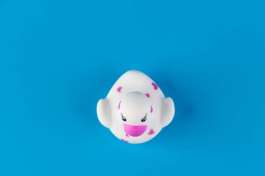 Bu resimde sevimli, pembe desenlerle süslenmiş, parlak mavi bir zemin üzerine kurulmuş, hem çocuklar için hem de gayri resmi dekorlar için uygun neşeli bir atmosfer yaratan kauçuk bir ördek görülüyor..