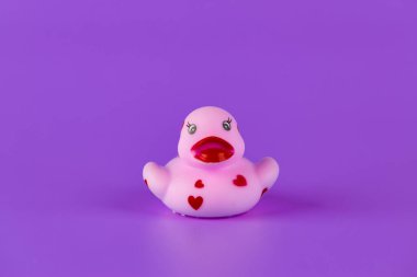 Bu sevimli pembe plastik ördek neşeli kalp tasarımları içeriyor, cesur mor bir zemin üzerine kurulmuş, çocukluk keyfi ve eğlencesi için bir eğlence ve nostalji hissi uyandırıyor..