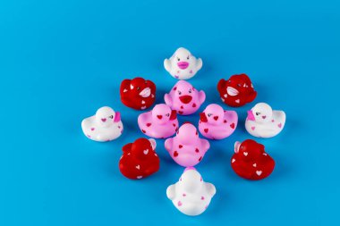 Kırmızı, pembe ve beyaz gibi çeşitli renklerde kauçuk ördeklerin neşeli bir çeşitliliği, her biri küçük kalp tasarımlarıyla süslenmiş, neşeli ve neşeli bir atmosfer yaratıyor..