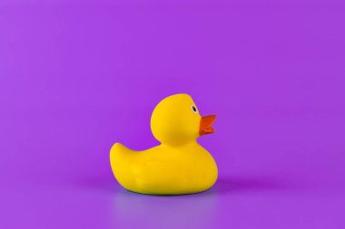 Bu resim, çocukluk nostaljisini ve eğlenceli banyo deneyimlerini temsil eden çarpıcı mor bir arka planla pürüzsüz bir yüzeye yerleştirilmiş parlak sarı plastik bir ördeği gösteriyor..