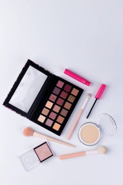 Bu resim, canlı bir göz falı paleti, çeşitli fırçalar ve makyaj meraklıları ve güzellik aşıkları için ideal dudak malzemelerinin yer aldığı modaya uygun makyaj ürünleri seçiyor..