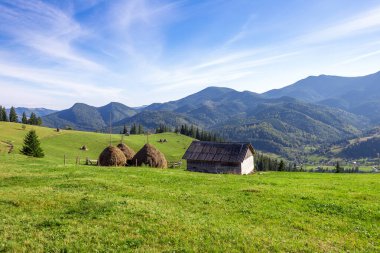 Bereketli yeşil tarlalar, geleneksel saman yığınları, büyüleyici bir ahşap kulübe ve uzak dağların yer aldığı pitoresk kırsal bir manzara, hepsi ılık güneş ışığı ve açık mavi gökyüzü ile yıkanmış..