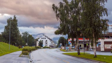 Bu görüntü, ağaçlarla çevrili dolambaçlı bir yolu yakalar. Huzursuz gökyüzünün altında evler, benzin istasyonları ve dağların ahenkli bir şekilde bir arada olduğu sakin bir Norveç ortamına götürür..