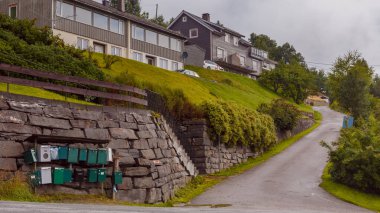 Bu resim, renkli posta kutularının, sarmal bir yolun kenarındaki taştan bir duvarı doldurduğu, yemyeşil evlere doğru uzanan pitoresk bir yerleşim alanını gösteriyor..