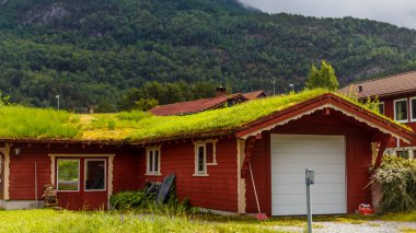 Bu büyüleyici görüntü yeşil çimen çatısı ile süslenmiş, yeşil dağlar ve sakin doğa ile çevrili pitoresk bir manzara içine yerleşmiş çarpıcı kırmızı bir evi gösteriyor..