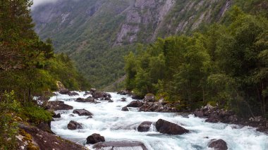 Bu resimde, yoğun yeşil yapraklar ve sarp engebeli dağlarla çevrili kayaların üzerinde çağlayan güzel bir dağ deresi görülüyor. Bu, doğal güzelliğin sükunetini gösteriyor..