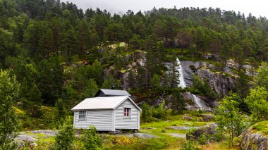 Bu büyüleyici, küçük kulübe uzun ağaçların ve kayaların arasına kurulmuş. Yakınlarda güzel bir şelale var. Norveç 'in kalbinde muhteşem bir huzur içinde geri çekiliyor..