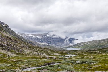 Dağlık bir arazinin çarpıcı panoramik manzarası, yemyeşil bitki örtüsü, akan nehirler, ve dramatik bulutlarla dolu bir gökyüzünün altında sakin bir su kütlesi..