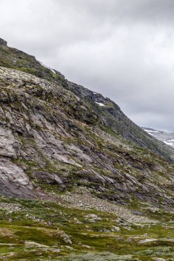 Bu resim, sarp dağ yamaçlarını, kayalık yüzeyleri, kar ipuçlarını ve doğanın katıksız güzelliğini artıran yeşil bitki örtüsünü gösteren dramatik bir manzara yakalar..