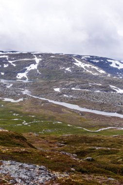 Karla bezenmiş engebeli dağların nefes kesici manzarası, yemyeşil yemyeşil ve sarmal su akıntıları dramatik bulutlu gökyüzüne karşı kurulmuş, sakin cazibe ve görkemi sergiliyor..