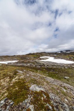 Yeşil yosun ve uzak kar parçalarıyla süslenmiş, çarpıcı bulutlu gökyüzü ile tamamlanmış dalgalı kayalık arazinin büyüleyici görüntüsü, el değmemiş tabiatların güzelliğini gözler önüne seriyor..