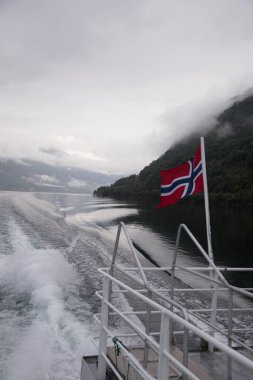 A mesmerizing view of a boat gliding through the calm waters of the Norwegian fjords, adorned with the Norwegian flag and surrounded by stunning, verdant hills and cloudy skies. clipart