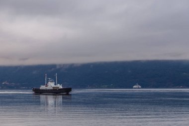 Bu resimde, deniz ortamları ve zarafetin sakinliğini yansıtan, bulutlu bir gökyüzü altında sisli bir manzarayla çevrili, sakin sularda süzülen iki tekne görülüyor..