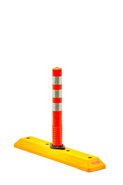 A vibrant traffic marker stands tall, featuring a bright orange color and reflective stripes designed to enhance visibility and ensure safety in construction areas or road management.