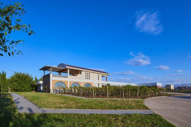 Bu resim, doğayla uyumlu zarif bir yaşam tarzını yansıtan, açık mavi gökyüzü ile tamamlanmış, yeşilliğin ortasında güzel tasarlanmış modern bir bina sergiliyor..