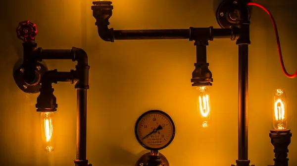 Bu resim, endüstriyel boru tesisatında bulunan ve iç mekan için sıcak, davetkar bir ışıltıyla dekorasyonu tamamlayan Edison ampullerinin karmaşık bir düzenini sergiliyor..