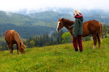 Bu güzel görüntü, yemyeşil bir çayırda iki atla nazikçe etkileşen bir kızı yakalıyor. Büyüleyici arka planda dağlar ve ağaçlar, doğanın zarif cazibesi ve sükuneti sergileniyor..