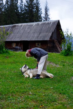 Bu görüntü, bir insanın yemyeşil bir tarlada köpekle neşeyle oynadığı, arka planda kırsal bir ahır olan, bulutlu bir gökyüzünün altında doğal manzarayı güzelleştirdiği sıcak bir anı yakalıyor..
