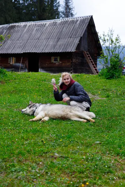 Bu resim sahnesinde, bir kadın rahat bir köpekle mutlu bir şekilde çimenli bir alanda otururken, kırsal bir ahşap kulübe ve yemyeşil bir alan, sakin bir açık hava ortamı yaratır..