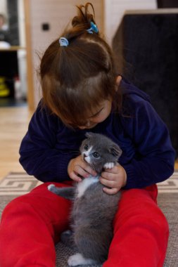 Bu sevimli sahnede, genç bir kız, rahat bir halıya oturmuş, oyun sırasında çocuklar ve hayvanlar arasındaki özel bağı gözler önüne seren gri ve beyaz bir kedi yavrusunu sevgiyle kucaklıyor..