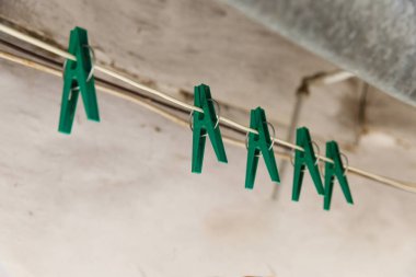 Bu resim, çamaşır asmak veya dekoratif amaçlar için pratik kullanımlarını gösteren, iyi ışıklandırılmış bir iç mekanda çamaşır ipine yerleştirilmiş bir dizi parlak yeşil mandal içeriyor..