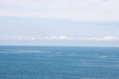 Bu büyüleyici görüntü, berrak bir gökyüzünün altında dingin, dalgalı suların yer aldığı, tüylü beyaz bulutlarla benekli, sükuneti ve doğal güzelliği gösteren sakin bir okyanus manzarası sergiliyor..