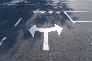 Bu resim asfalt üzerinde bir yol işareti gösterir, bir trafik yönü sembolünü vurgulayarak, park çizgileri ve yumuşak ağaç gölgeleriyle çevrili, sola veya düz gitme seçenekleri sunar.