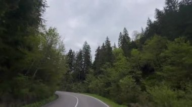 Bereketli yeşil ormanlar tarafından kucaklanan ve dramatik bulutlu gökyüzü ile benekli dolambaçlı bir yolun nefes kesici manzarasını deneyimleyin, doğa harikalarının huzurlu bir resmini çizin..