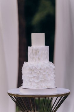 Zarif bir stantta zarif bir şekilde sunulan üç katlı beyaz bir düğün pastası, narin fırfırlar ve çiçeklerle süslenmiş, her türlü unutulmaz olay ve olay için mükemmel..