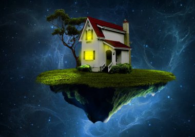 Galaksideki küçük yüzen adada, gece gökyüzünde yıldızlar ve bulutlarla.
