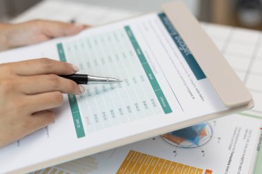 Bir kişi bütçe tablosunu işaret ediyor. Çarşaf yeşil ve beyaz ve üzerinde bir sürü rakam var. Kişi numaraları göstermek için bir kalem kullanıyor.