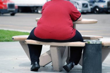 Kilo sorunu olan biri piknik bankında oturur..