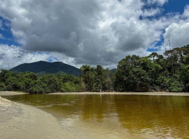 Panoramic view of a tranquil tropical river with brownish waters reflecting the cloudy sky, surrounded by lush vegetation and distant forest-covered mountains under a dramatic cloud-filled sky. clipart