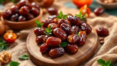 Ahşap arka planda, içinde meyve bulunan bir kase taze Arap hurması.