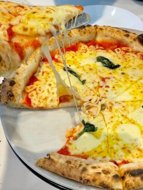 Altın hamurlu, erimiş peynirli ve lezzetli soslu lezzetli bir pizza. Yemeklerle ilgili tasarımlar, menüler ya da İtalyan temalı projeler için mükemmel. Klasik bir konfor yemeğinin özünü yakalamak için..