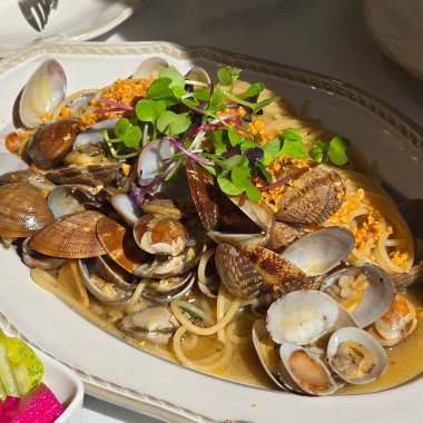 Yumuşak istiridyeli, sarımsaklı, zeytinyağlı ve hafif baharatlı vongole makarna. Her ısırıkta deniz esintisinin ve İtalyan zarafetinin mükemmel uyumu..