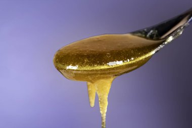 Altın kehribar rengi bir kaşıktan damlayan Manuka Balı Yumuşak mavi bir arkaplana doğru akıyor Zengin dokusu ve parlaklığını vurguluyor