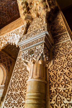Alhambra 'daki Aslanlar Divanı' ndan Karmaşık Stucco Yardım ve Oyma Sütun, Nasrid ve Fas İşçiliğini Gösteriyor