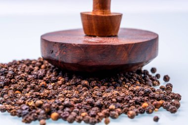 Karabiber (Piper nigrum), parlak beyaz bir yüzey üzerinde el oyması ahşap öğütücü altında bir araya toplanmış makro yakın plan siyah biber (Piper nigrum)
