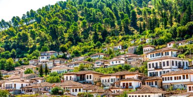 Berat 'ın katları Osum Vadisi' ndeki çam ağacından yapılma bir yamaçta beyazlatılmış evler.