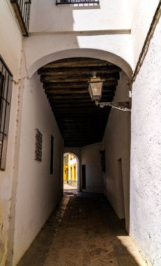 Beyaz Yıkanmış Duvarlar, Tahta Kirişli Tavan ve Antik Fener 'in Sunlit Endülüs Sokağı' na açılan geleneksel Dar Yol, İspanya 'nın Seville Tarihi Merkezi' nde.