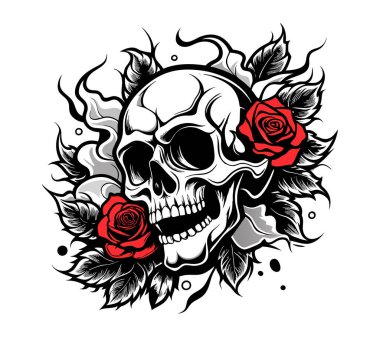 Skull with Roses and Abstract Floral Design clipart