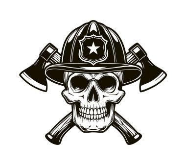 Skull with Firefighter Helmet and Axes Illustration clipart