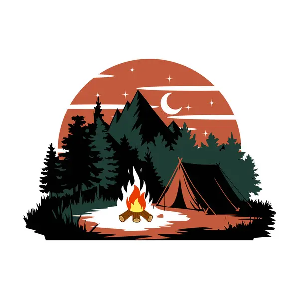 Orman vektörüyle çevrili Çadır ve Kamp Ateşi Huzurlu Kamp Sahnesi